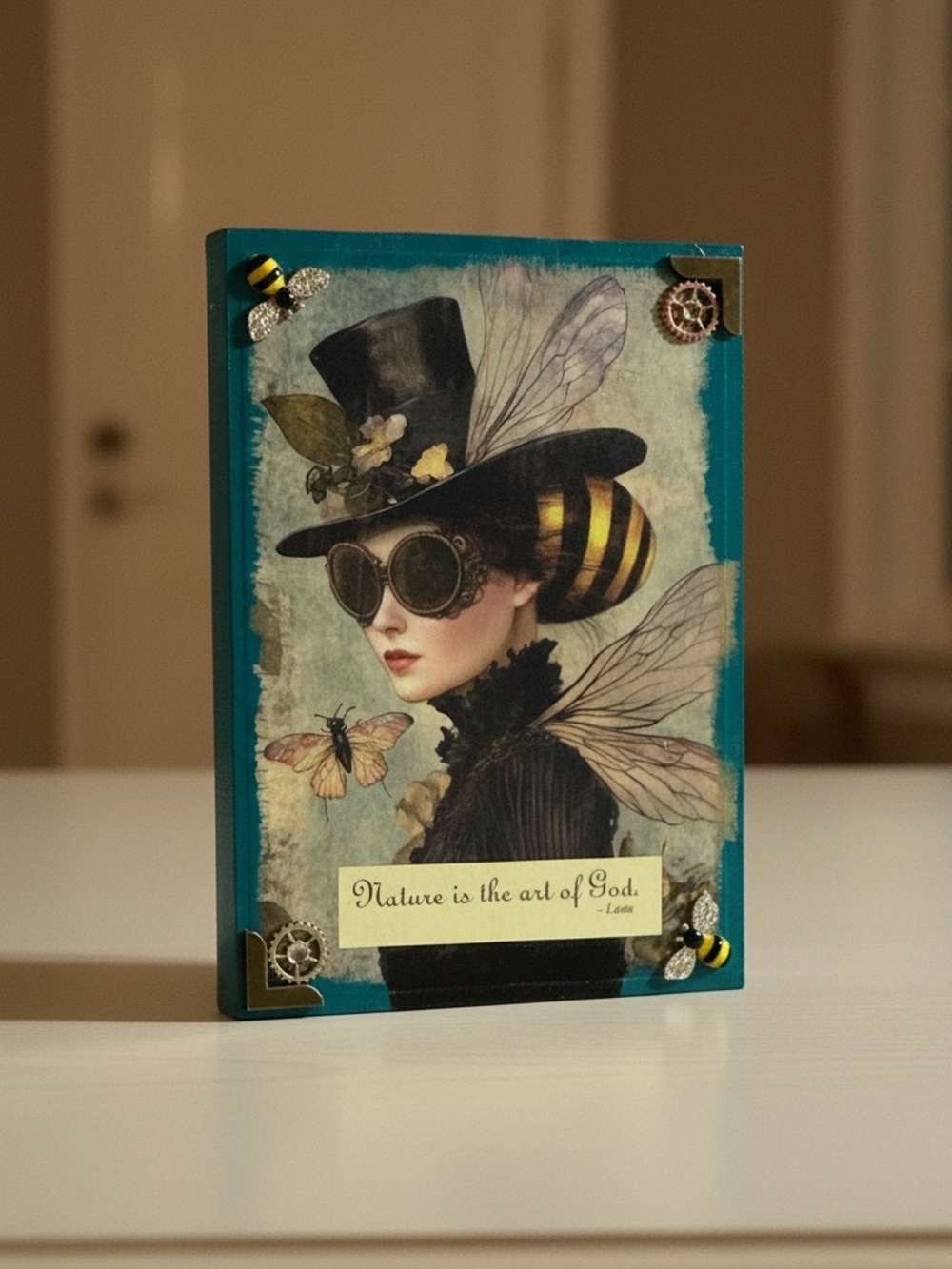 Hand Crafted Teal Steampunk Bee Lady Mixed Media Art Wood Desk Sitter